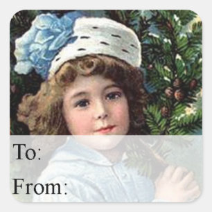 Vintage Girl With Christmas Tree Gift Tag Quadratischer Aufkleber