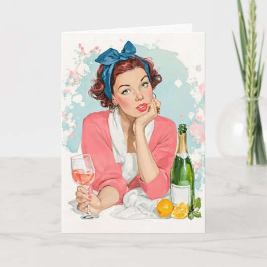 Vintage Girl with Pink Champagne Karte (Vorderseite)