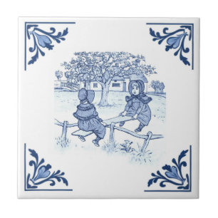 Vintage Girls auf Seesaw Delft Corner Blue & White Fliese