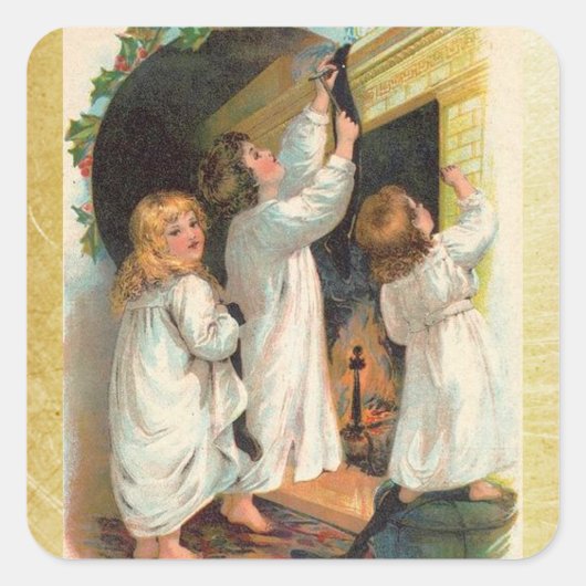 Vintage Girls mit Weihnachtsweihnachtssticker Quadratischer Aufkleber (Vorderseite)