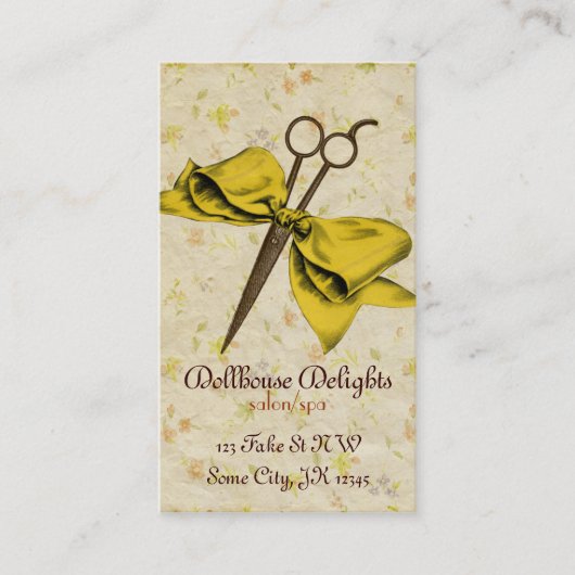 Vintage girly Haar-Stylistgelb-Bogenscheren Visitenkarte (Vorderseite)