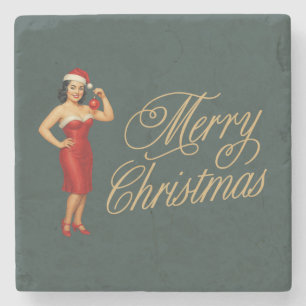 Vintage Glam Pin-Up Weihnachtsgirl Steinuntersetzer