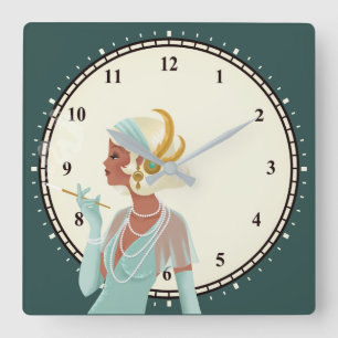 Vintage Glamour 1920er Jahre Lady Minuten Türkis Quadratische Wanduhr