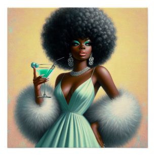 Vintage Glamour: Whimsical Afro Pin-Up Mintgrün Poster