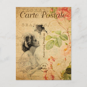 Vintage glamouröse Dame Frau Rose floral französis Postkarte