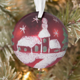 Vintage Glasball Rot Weihnachtshaus im Schnee Ornament