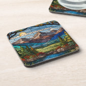 Vintage Glasmalerei Waldgebirgsszene Getränkeuntersetzer (Linke Seite)