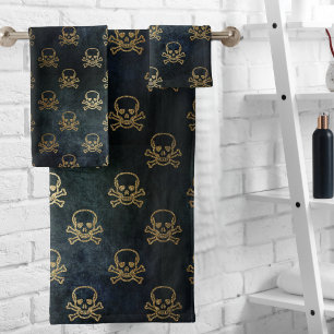 Vintage Glattlederschädel und -knochen Badhandtuch Set