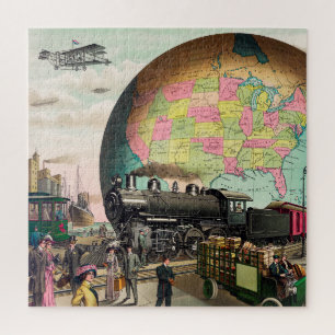 Vintage Globe Transport America Lokomotive Kunstwe Puzzle
