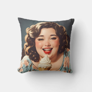 Vintage-glückliche Frau isst Eis-Wurfkissen Kissen