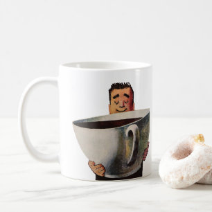 Vintage glücklicher Mann trinkt riesige Tasse Kaff
