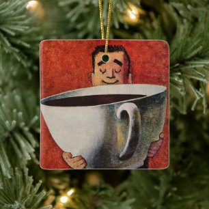 Vintage glücklicher Mann trinkt riesige Tasse Kaff Keramikornament