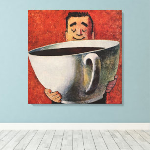Vintage glücklicher Mann trinkt riesige Tasse Kaff Leinwanddruck