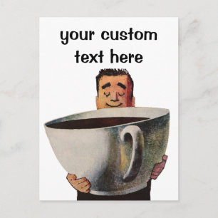 Vintage glücklicher Mann trinkt riesige Tasse Kaff Postkarte