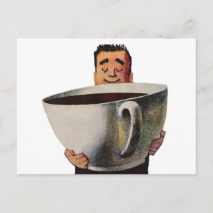 Vintage glücklicher Mann trinkt riesige Tasse Kaff Postkarte