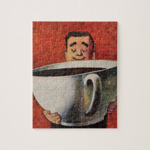 Vintage glücklicher Mann trinkt riesige Tasse Kaff Puzzle