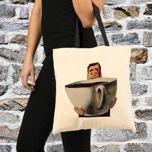 Vintage glücklicher Mann trinkt riesige Tasse Kaff Tragetasche