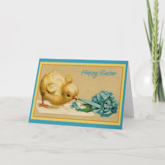 Vintage glückliches Osterküken mit blauen Blumen Karte