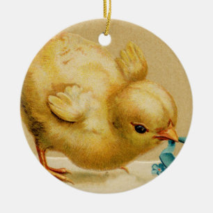 Vintage glückliches Osterküken mit blauen Blumen Keramik Ornament