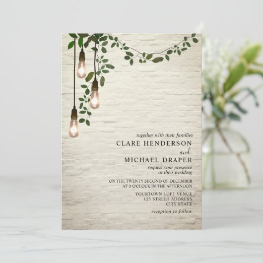 Vintage Glühbirne Botanischer Garten Hochzeit Einladung (Stehend Vorderseite)