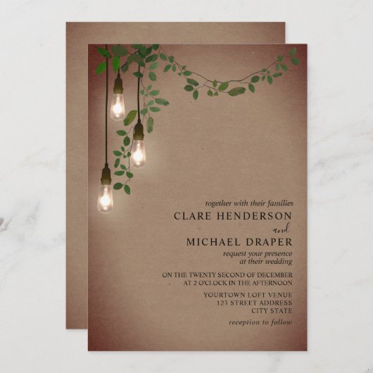 Vintage Glühbirne Botanischer Garten Hochzeit Einladung (Vorne/Hinten)