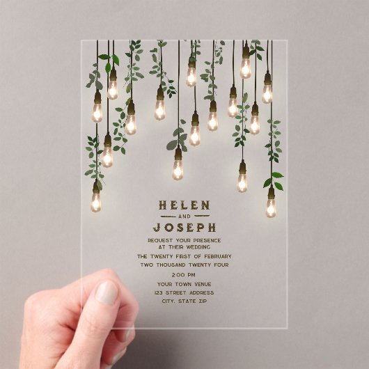 Vintage Glühbirnen Botanische Grüne Hochzeit Acryleinladungen (Insitu (Handheld))