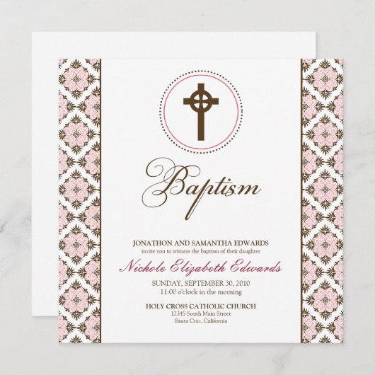 Vintage Gnade-Taufe (Schokolade/Rosa) Einladung (Vorne/Hinten)