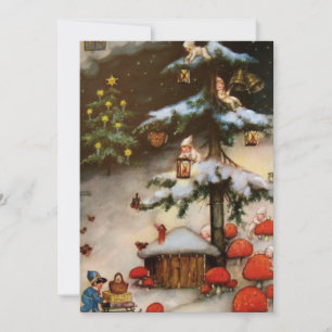 Vintage-Gnome-Pixies in Baum  Pilz Feiertagskarte