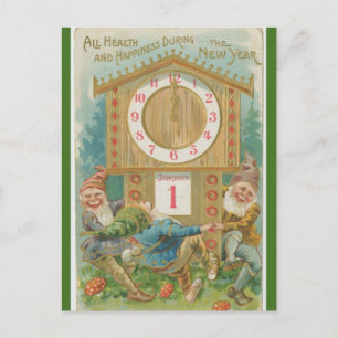 Vintage Gnome um eine Uhr Frohes Neues Jahr Postkarte