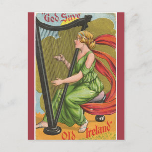 Vintage God Save Old Ireland Harfenist Postkarte