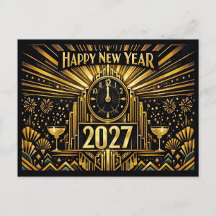 Vintage Gold Art Deco Neujahr 2027 Feiertagspostkarte