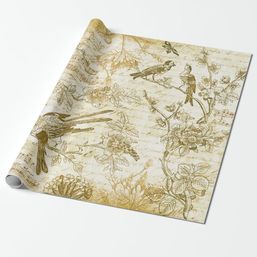 Vintage Gold Beige Birds Blume Französisch Script Geschenkpapier (Ungerollt)