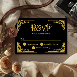  Vintage Gold Black Wedding  RSVP Karte