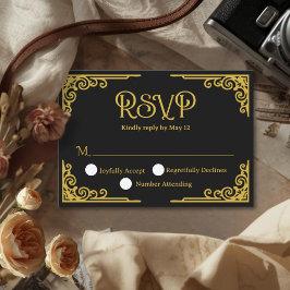  Vintage Gold Black Wedding  RSVP Karte