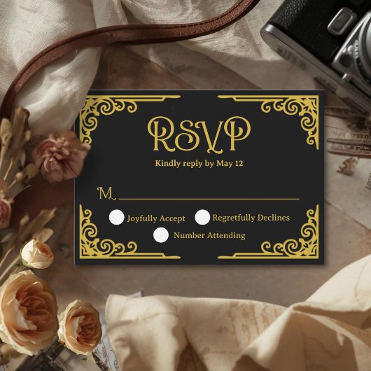  Vintage Gold Black Wedding  RSVP Karte