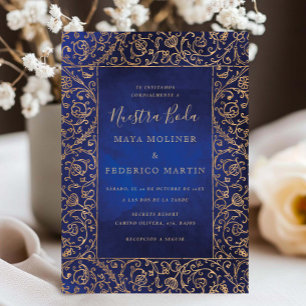 Vintage Gold & Blau Samt Nuestra Boda Hochzeit Einladung