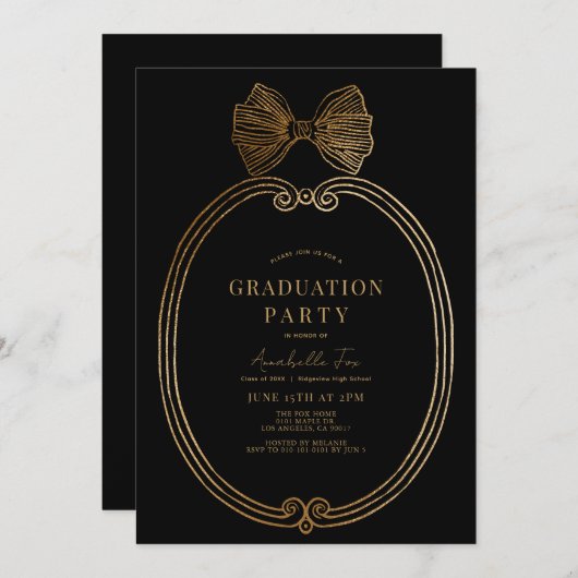 Vintage Gold Bow Ribbon Black Graduation Party Einladung (Vorne/Hinten)
