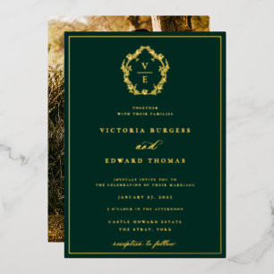 Vintage Gold Crest Monogram Hochzeitsfoto Folieneinladung