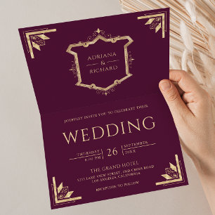 Vintage Gold Crest QR Code Pflaume Lila Hochzeit Einladung