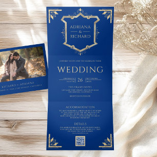 Vintage Gold Crest QR Code Royal Blau Hochzeit Dreifach Gefaltete Einladung