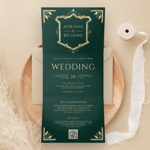 Vintage Gold Crest QR Code Smaragdgrüne Hochzeit Dreifach Gefaltete Einladung