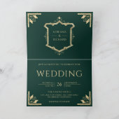 Vintage Gold Crest QR Code Smaragdgrüne Hochzeit Einladung (Innenseite)