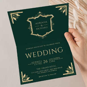 Vintage Gold Crest QR Code Smaragdgrüne Hochzeit Einladung