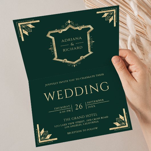 Vintage Gold Crest QR Code Smaragdgrüne Hochzeit Einladung
