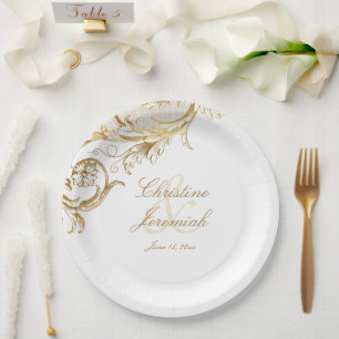 Vintage Gold Floral Damask Script-Namen Hochzeit Pappteller