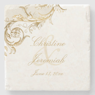 Vintage Gold Floral Damask Script-Namen Hochzeit Steinuntersetzer