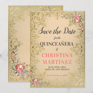 Vintage Gold Floral Quinceañera Begrüßung im Garte Save The Date