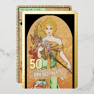 Vintage Gold Frühlingsgöttin, Mucha, 50. Geburtsta Folieneinladung