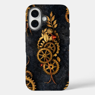 Vintage Gold Gears & Red Neon Mythic Cyberpunk iPhone 16 Hülle