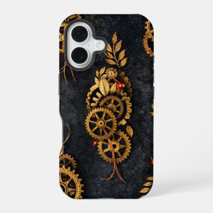 Vintage Gold Gears & Red Neon Mythic Cyberpunk iPhone 16 Hülle